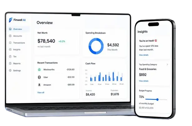 Finwell AI on laptop and phone showing the unified financial dashboard